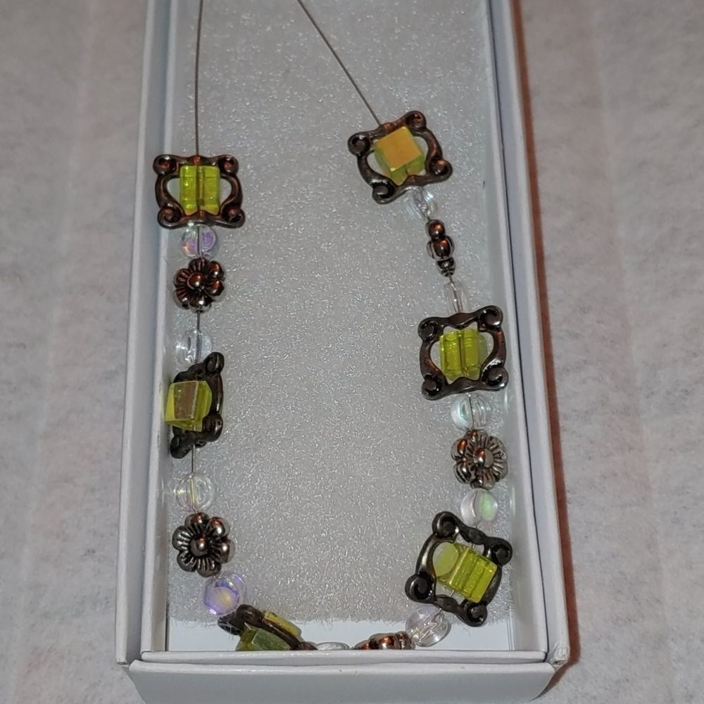 Handmade Necklace Semi-Transparent Green Iridescent Square Glass beads